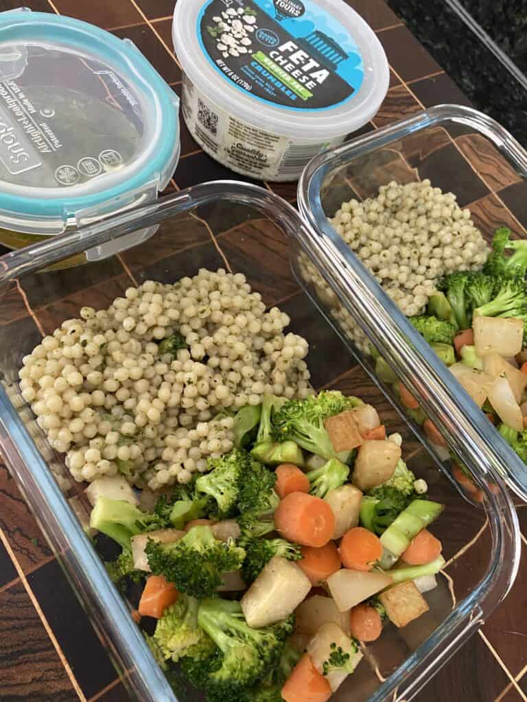 Warm chickpea pearled couscous veggie bowl￼